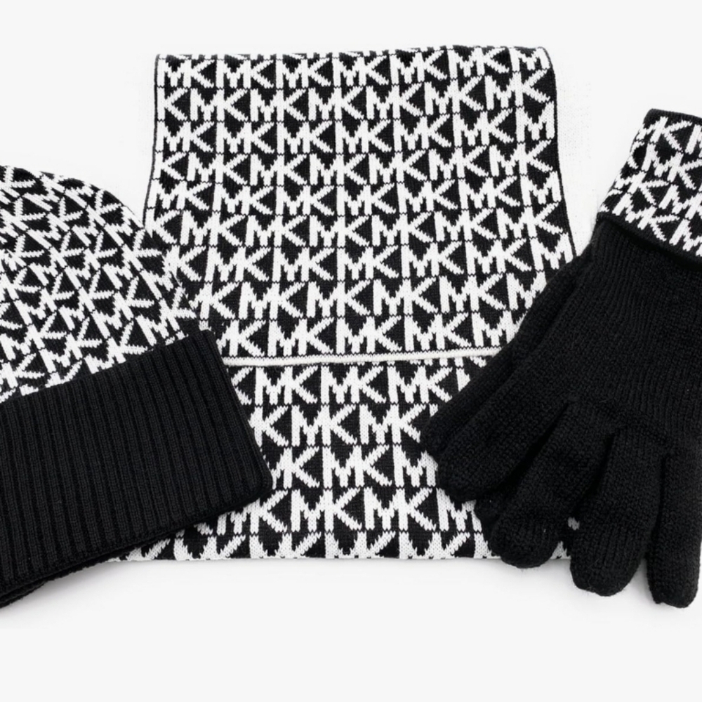 NEW! MICHAEL MICHAEL KORS Black & White Scarf Hat Glove 3pc Winter Set.